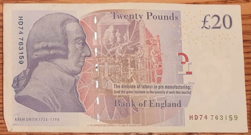 Uma nota de £20 com a face de Adam Smith