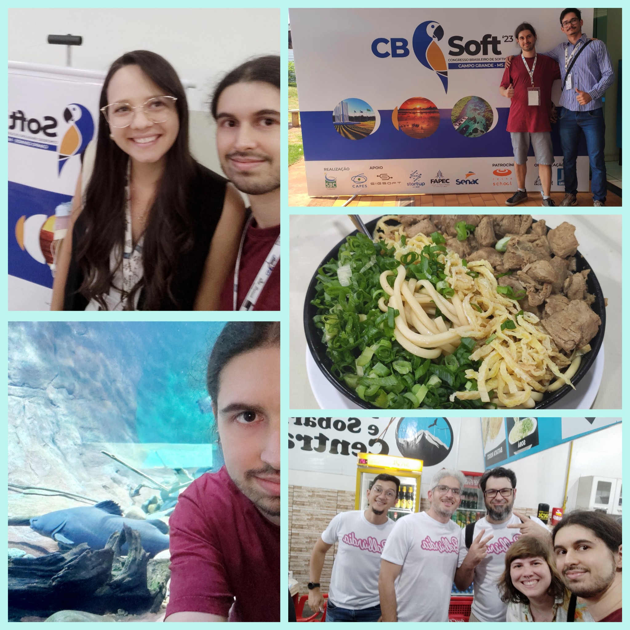 Fotos de Leonardo com diversos participantes do CBSoft; foto de um sobá; foto em um aquário.