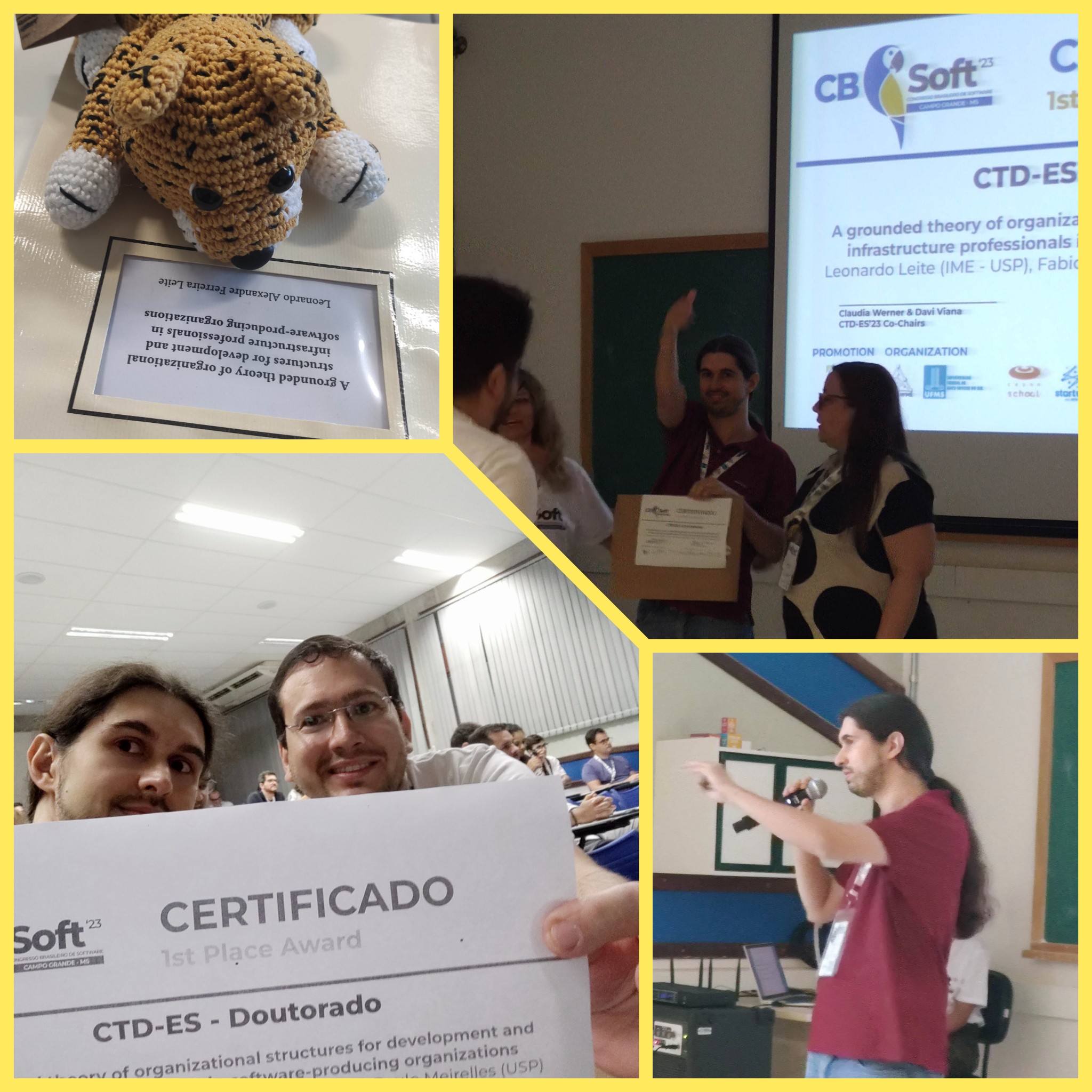 Cenas do CTD, incluindo Leonardo apresentando e uma onça de amigurumi lendo a tese premiada.