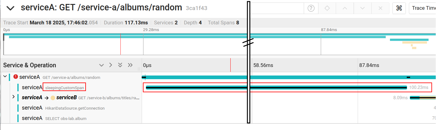 Visão de trace destacando o span personalizado sleepingCustomSpan