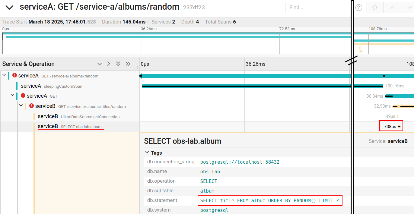 Visão de trace destacando o span de uma consulta SQL e o código SQL executado