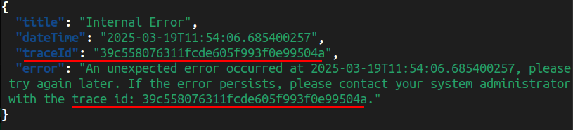 Fragmento do json retornado: "traceId":"b91d71340d09c1c2537c56a180bc7c22"