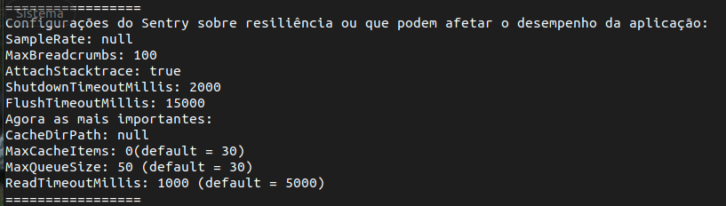 Terminal output displaying properties such as "MaxQueueSize: 50 (default = 30)", "ReadTimeoutMillis: 1000 (default = 5000)" and "maxCacheItems: 0 (default = 30)"